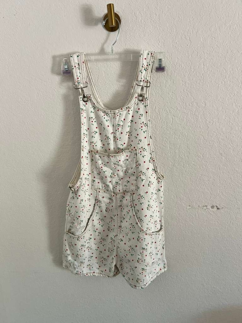 Zara Girls Floral Print Denim Overalls Romper White Red Green Size 13/14 (164cm)